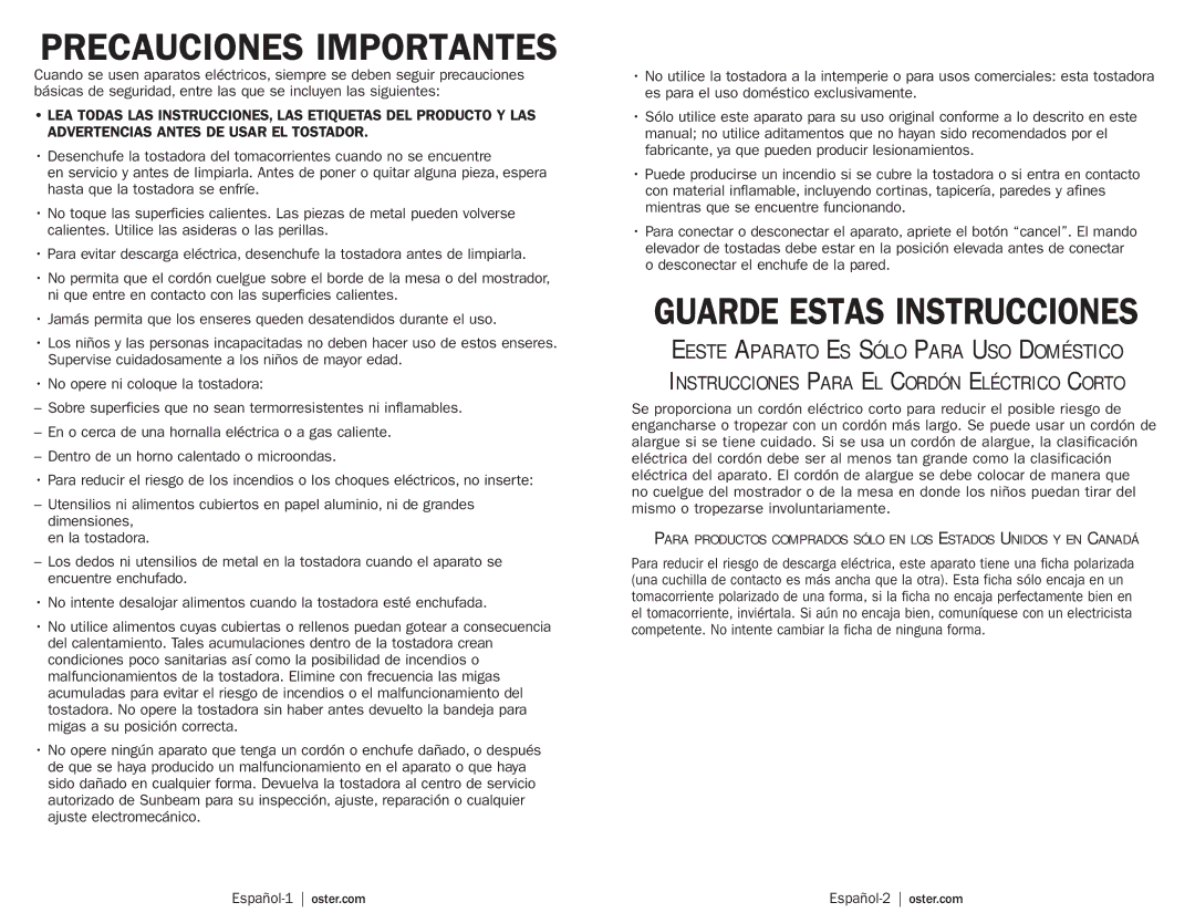 Oster TSSTRTS2S1 user manual Precauciones Importantes 