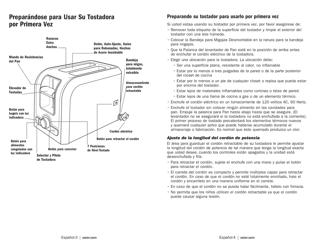 Oster TSSTRTS2S1 Preparando su tostador para usarlo por primera vez, Ajuste de la longitud del cordón de potencia 