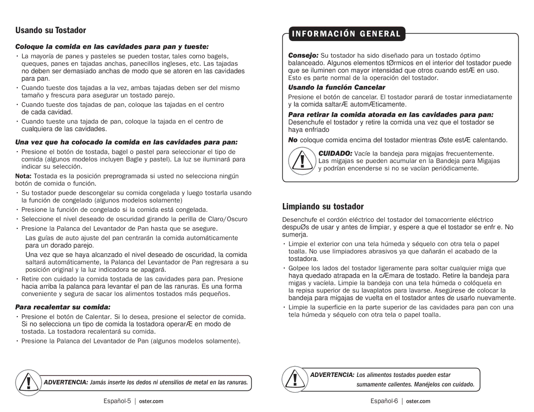 Oster TSSTRTS2S1 user manual Usando su Tostador, Limpiando su tostador 