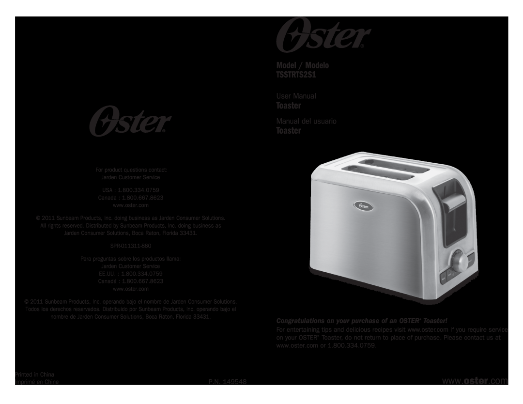 Oster user manual Model / Modelo TSSTRTS2S1, Manual del usuario, Toaster 