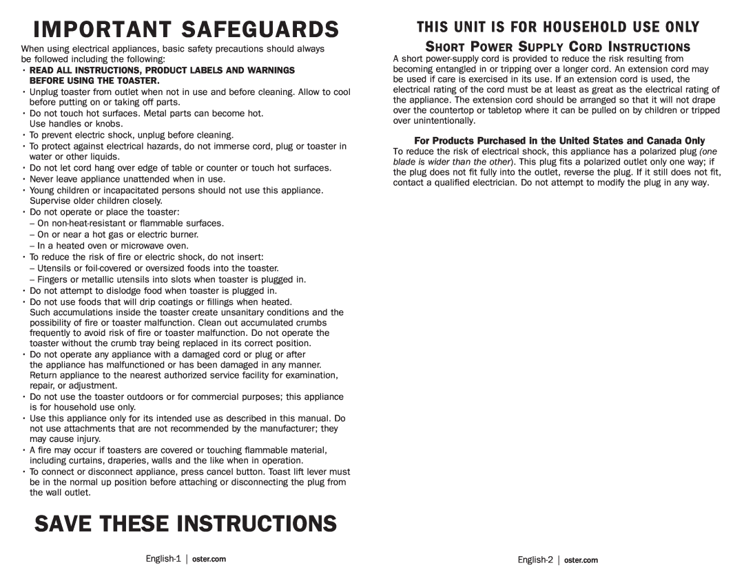 Oster TSSTRTS2S1 user manual Important Safeguards, Save These Instructions, Short Power Supply Cord Instructions 