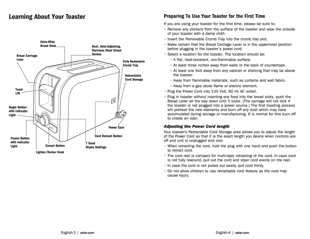Oster TSSTRTS2S1 user manual Learning About Your Toaster, Preparing To Use Your Toaster for the First Time 