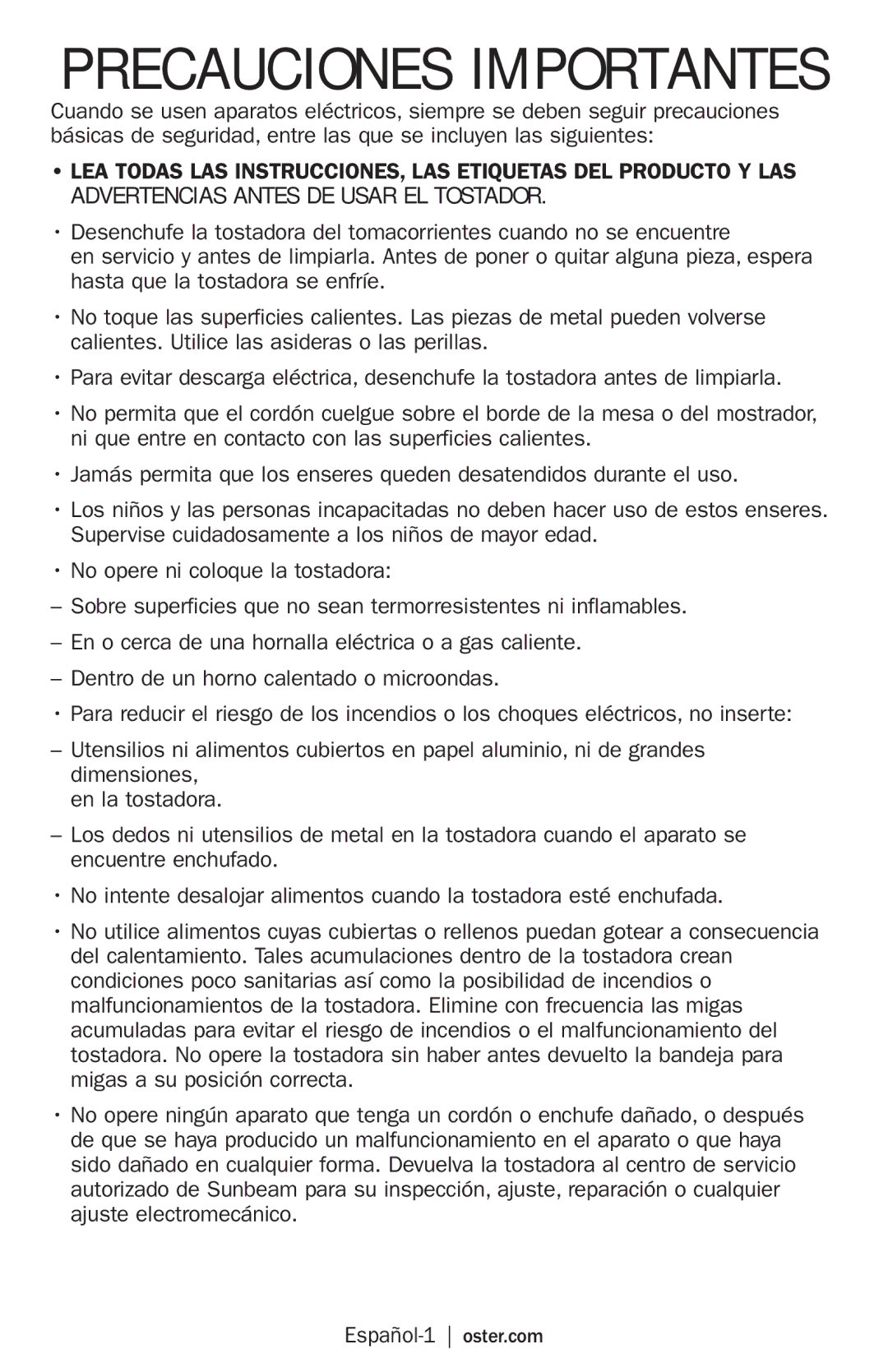 Oster TSSTRTS2S2 user manual Precauciones Importantes 