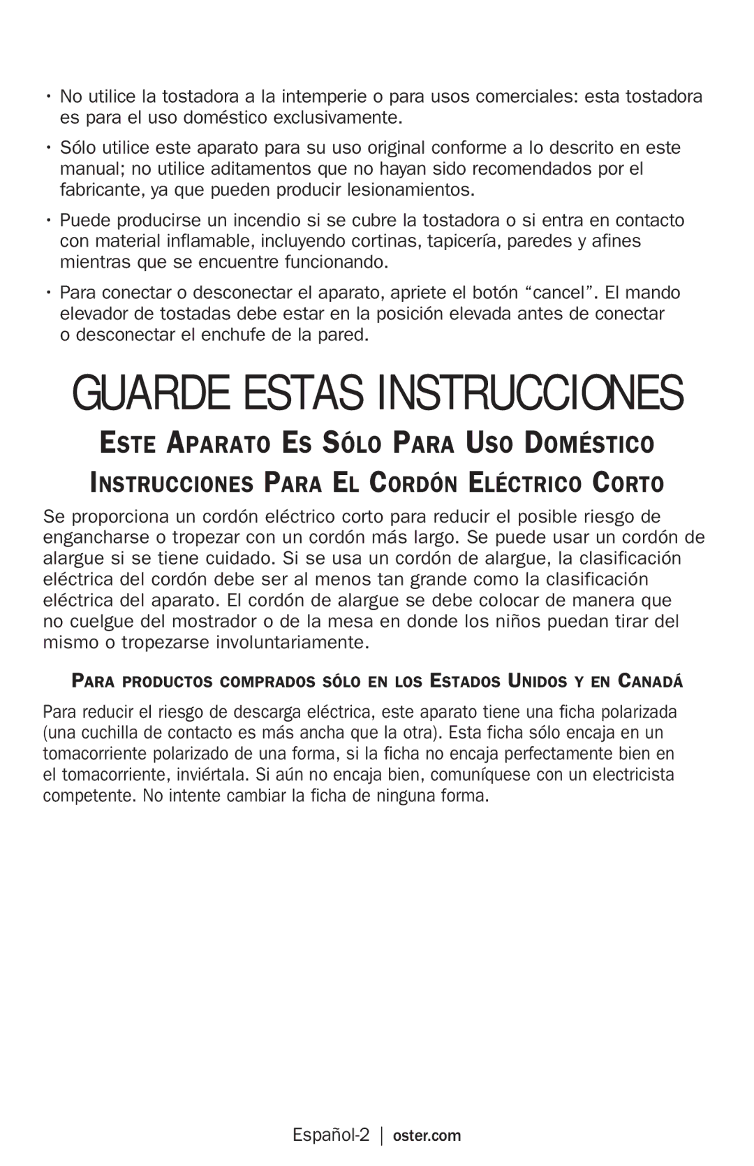 Oster TSSTRTS2S2 user manual Guarde Estas Instrucciones, Español-2 oster.com 