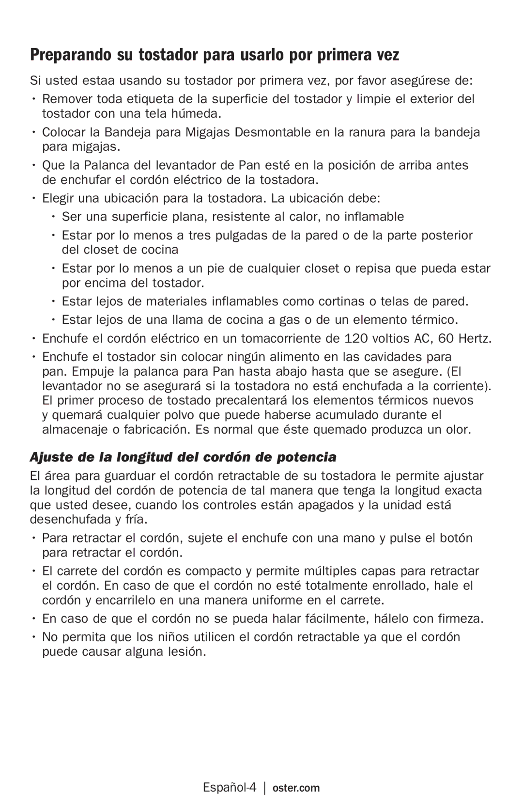 Oster TSSTRTS2S2 Preparando su tostador para usarlo por primera vez, Ajuste de la longitud del cordón de potencia 