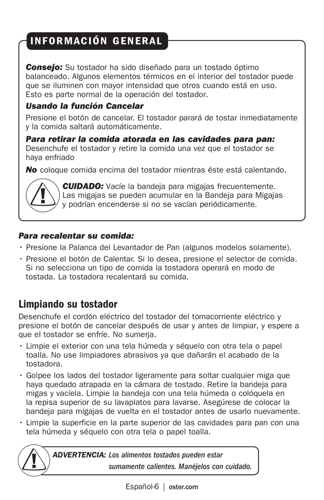 Oster TSSTRTS2S2 Limpiando su tostador, Usando la función Cancelar, Para recalentar su comida, Español-6 oster.com 