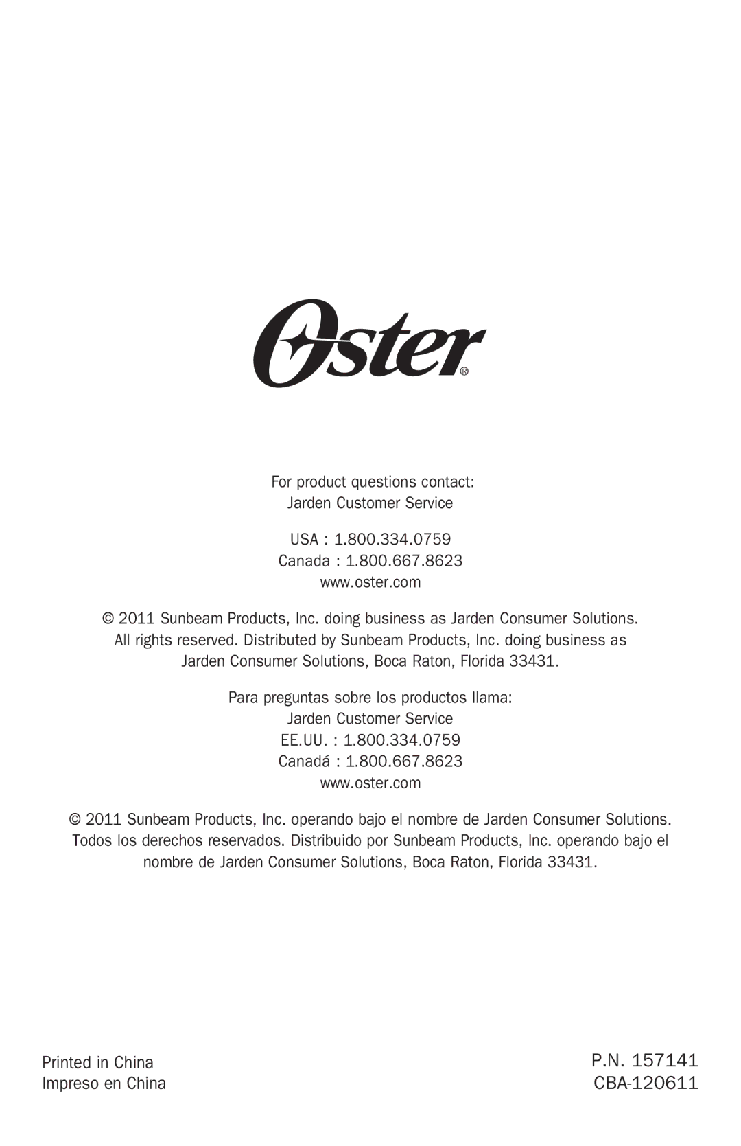 Oster TSSTRTS2S2 user manual Impreso en China CBA-120611 