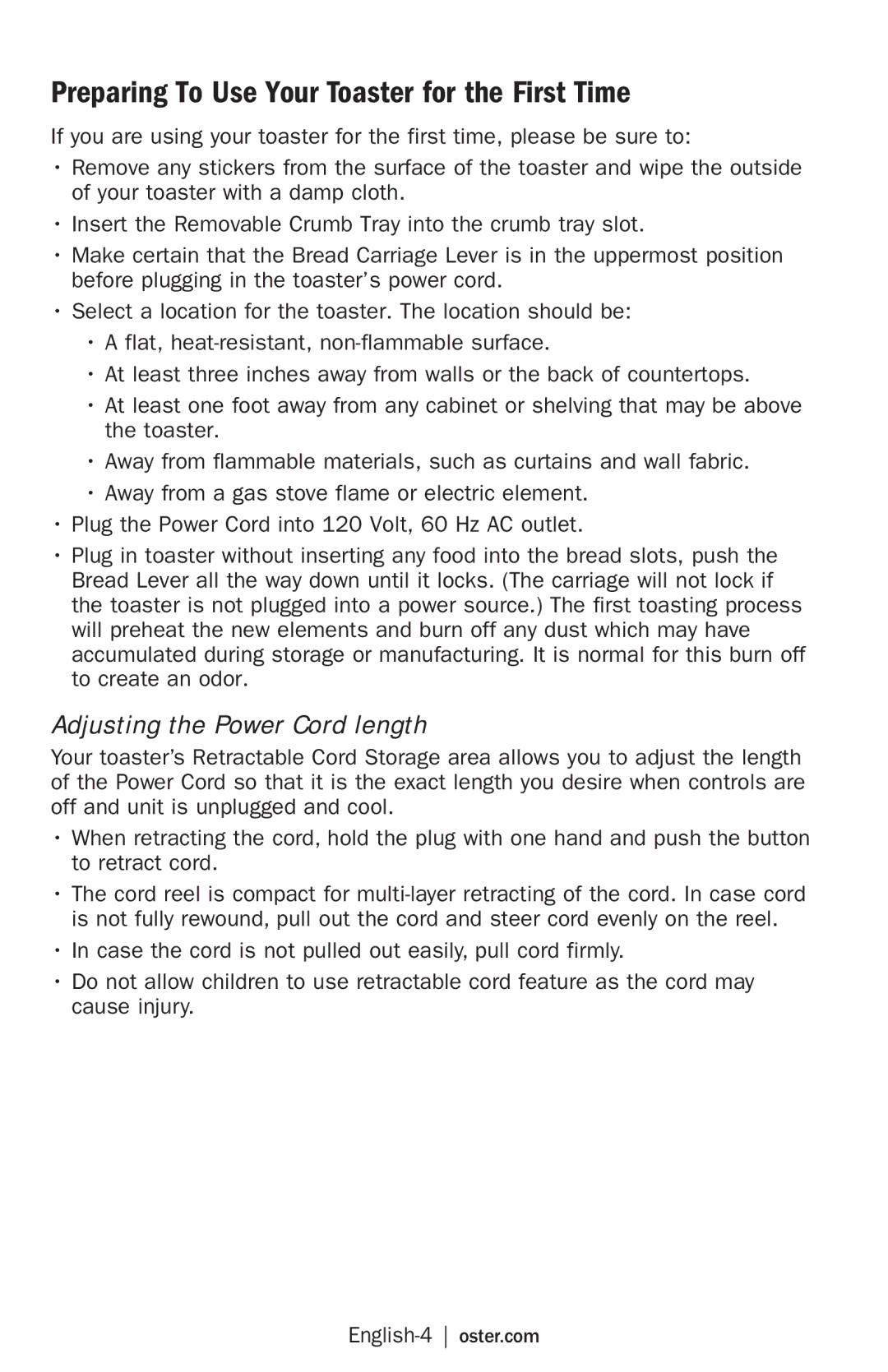 Oster TSSTRTS2S2 user manual Preparing To Use Your Toaster for the First Time, Adjusting the Power Cord length 