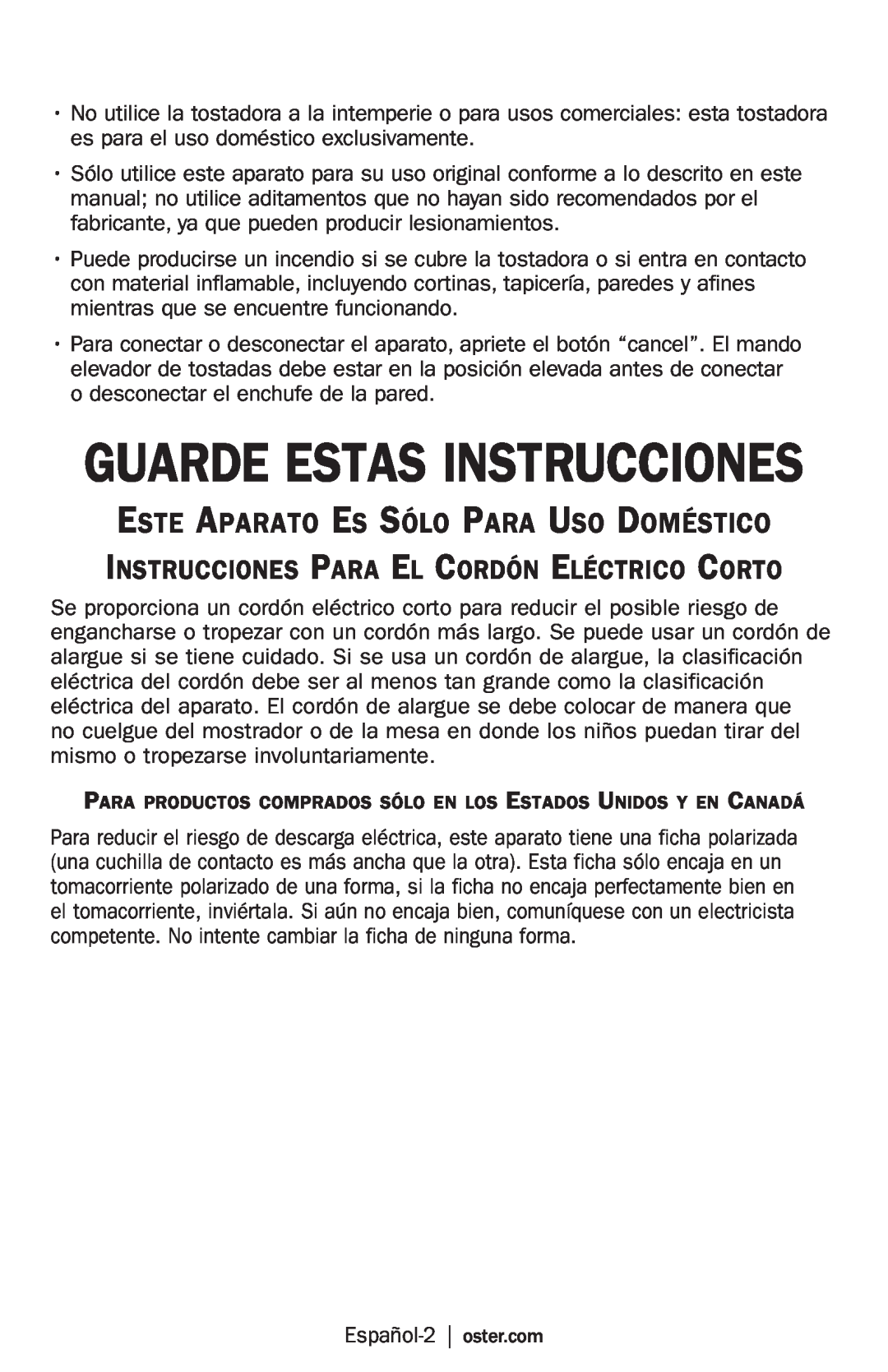 Oster TSSTRTS2S2 user manual Instrucciones Para El Cordón Eléctrico Corto, Guarde Estas Instrucciones 