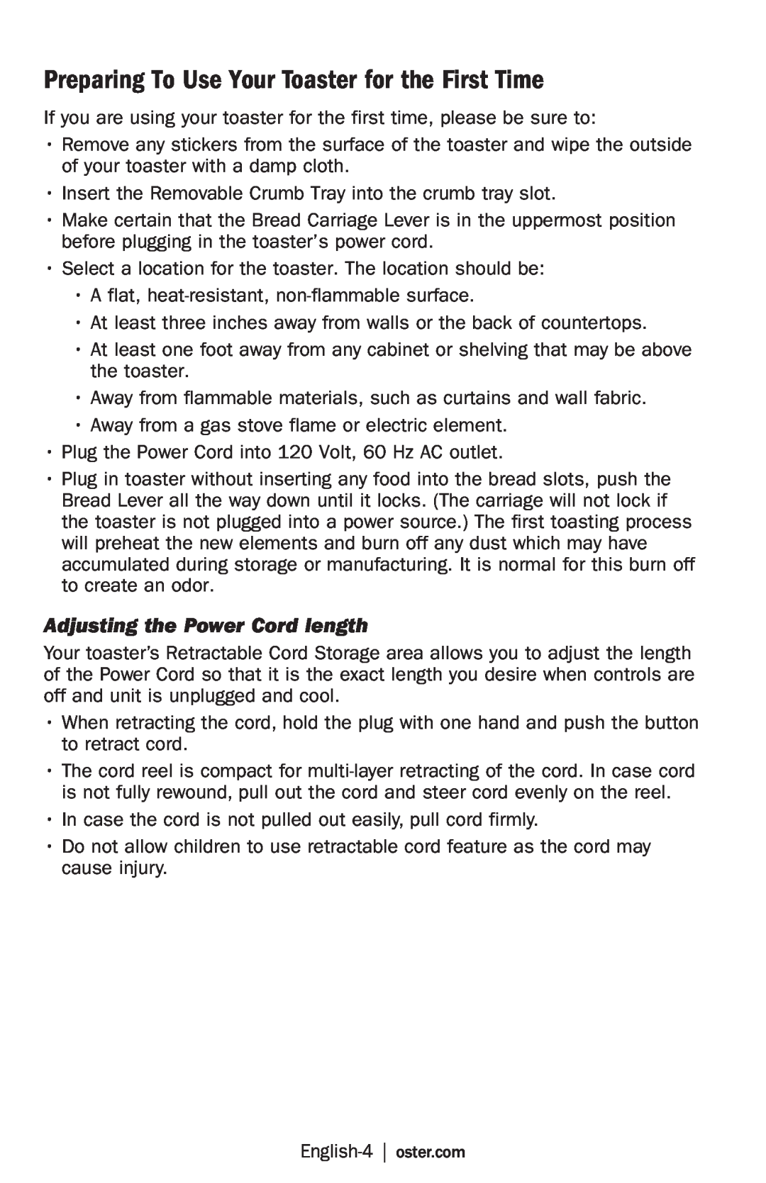 Oster TSSTRTS2S2 user manual Preparing To Use Your Toaster for the First Time, Adjusting the Power Cord length 