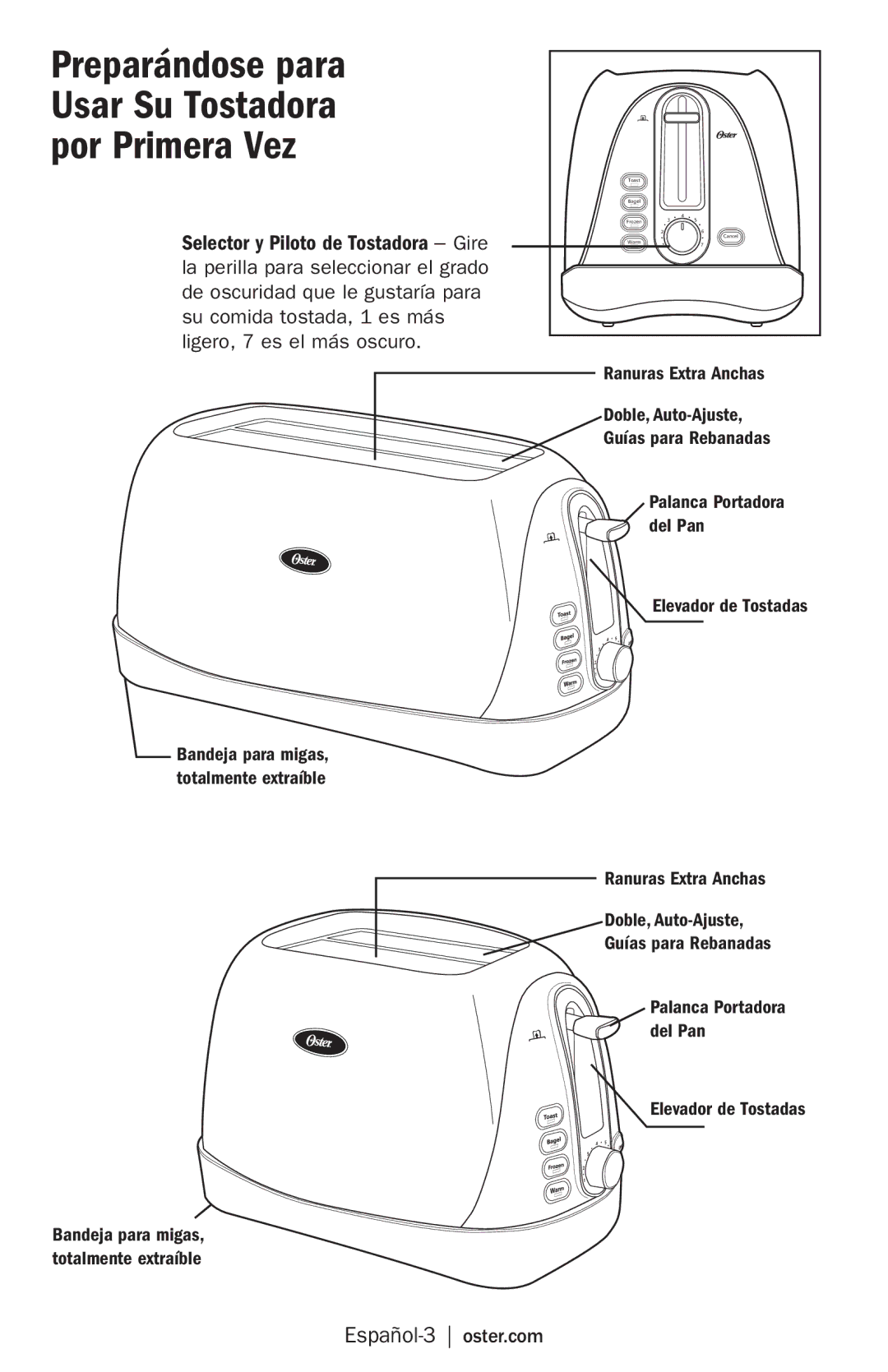 Oster TSSTTR6329, TSSTTR6330, TSSTTR6307 manual Preparándose para Usar Su Tostadora por Primera Vez 