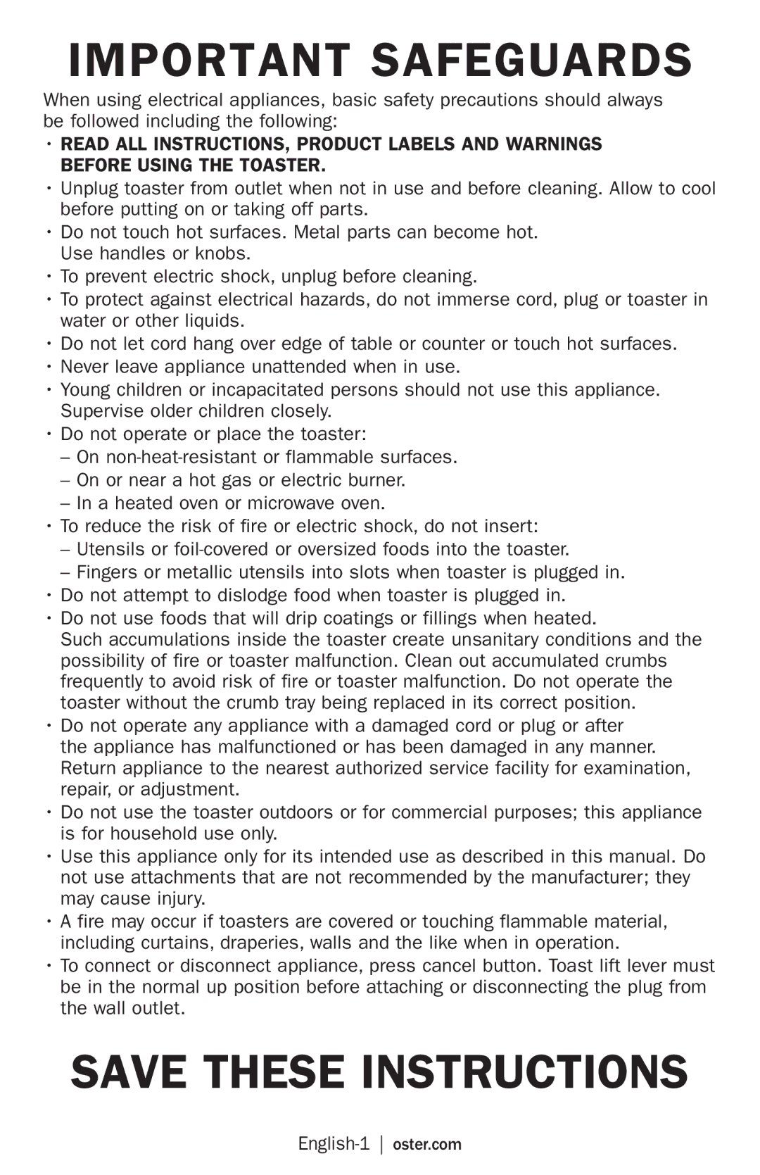 Oster TSSTTR6330, TSSTTR6329, TSSTTR6307 manual Important Safeguards 