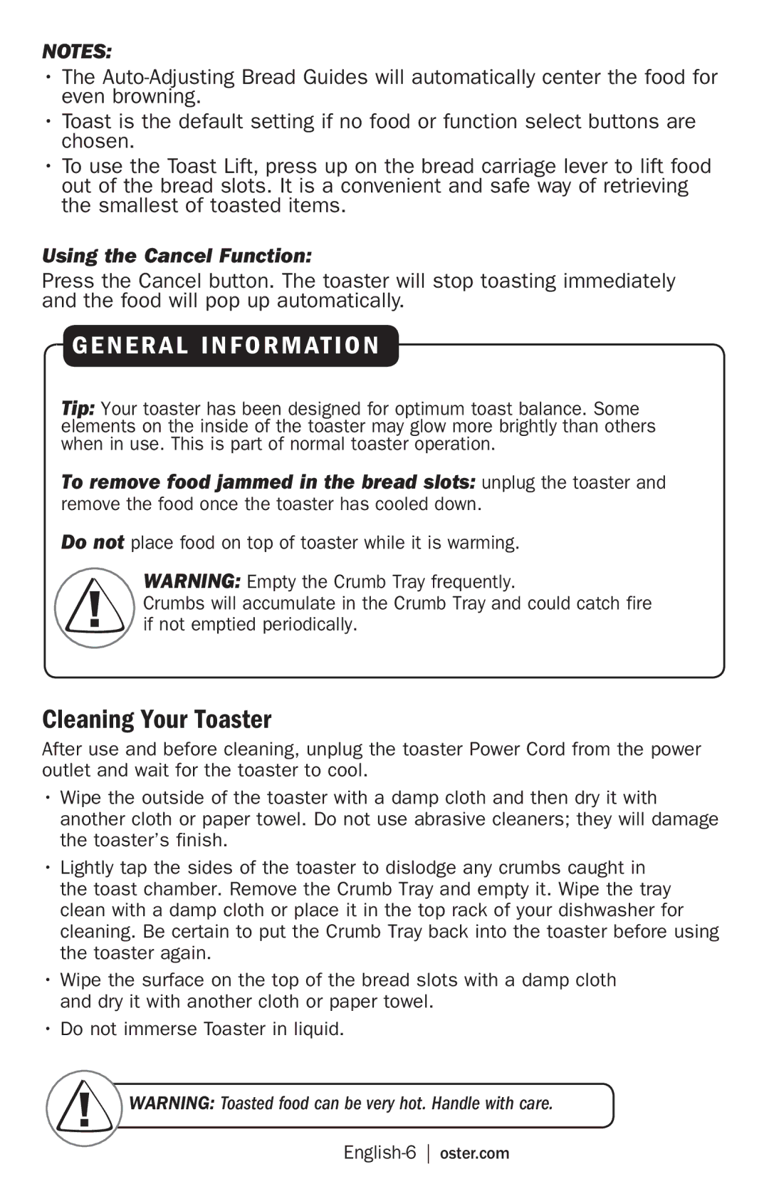 Oster TSSTTR6307, TSSTTR6330, TSSTTR6329 manual Cleaning Your Toaster, Using the Cancel Function 