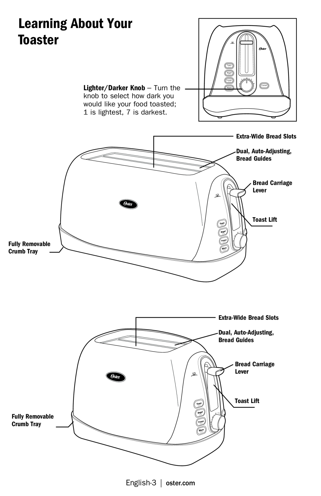Oster TSSTTR6307, TSSTTR6330, TSSTTR6329 manual Learning About Your Toaster 