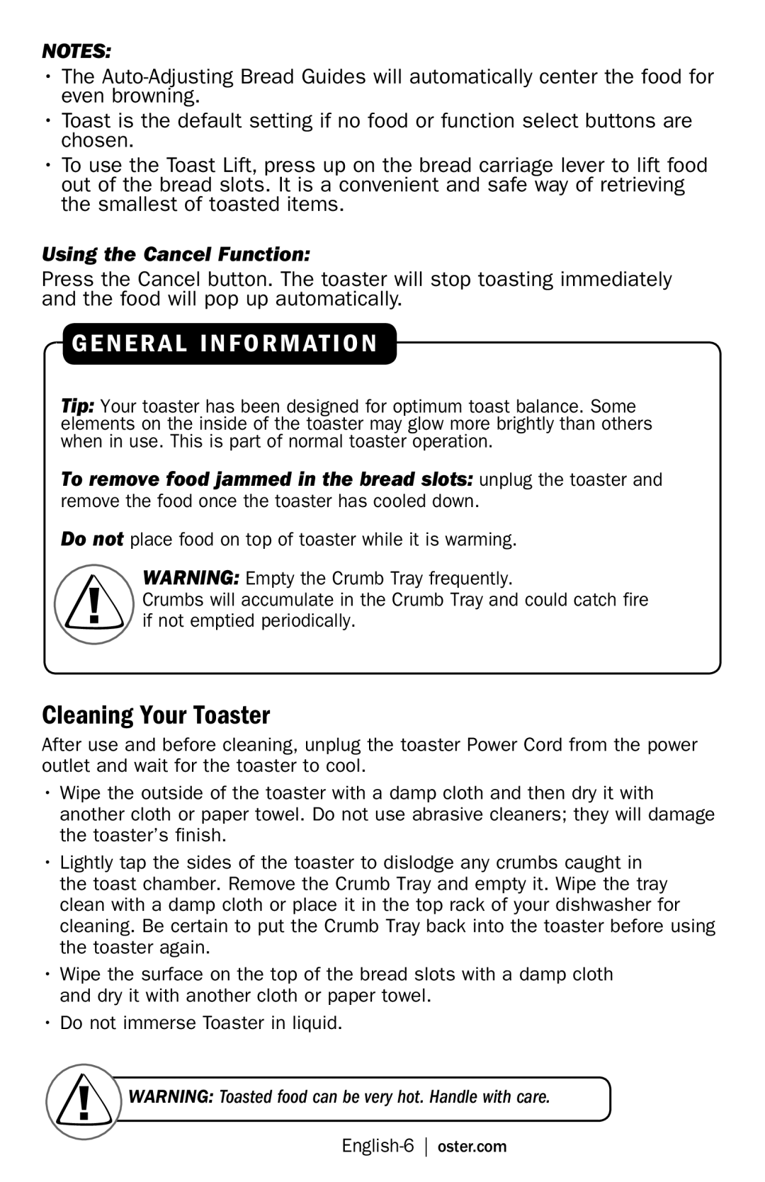 Oster TSSTTR6307, TSSTTR6330, TSSTTR6329 manual Cleaning Your Toaster, General Information, Using the Cancel Function 
