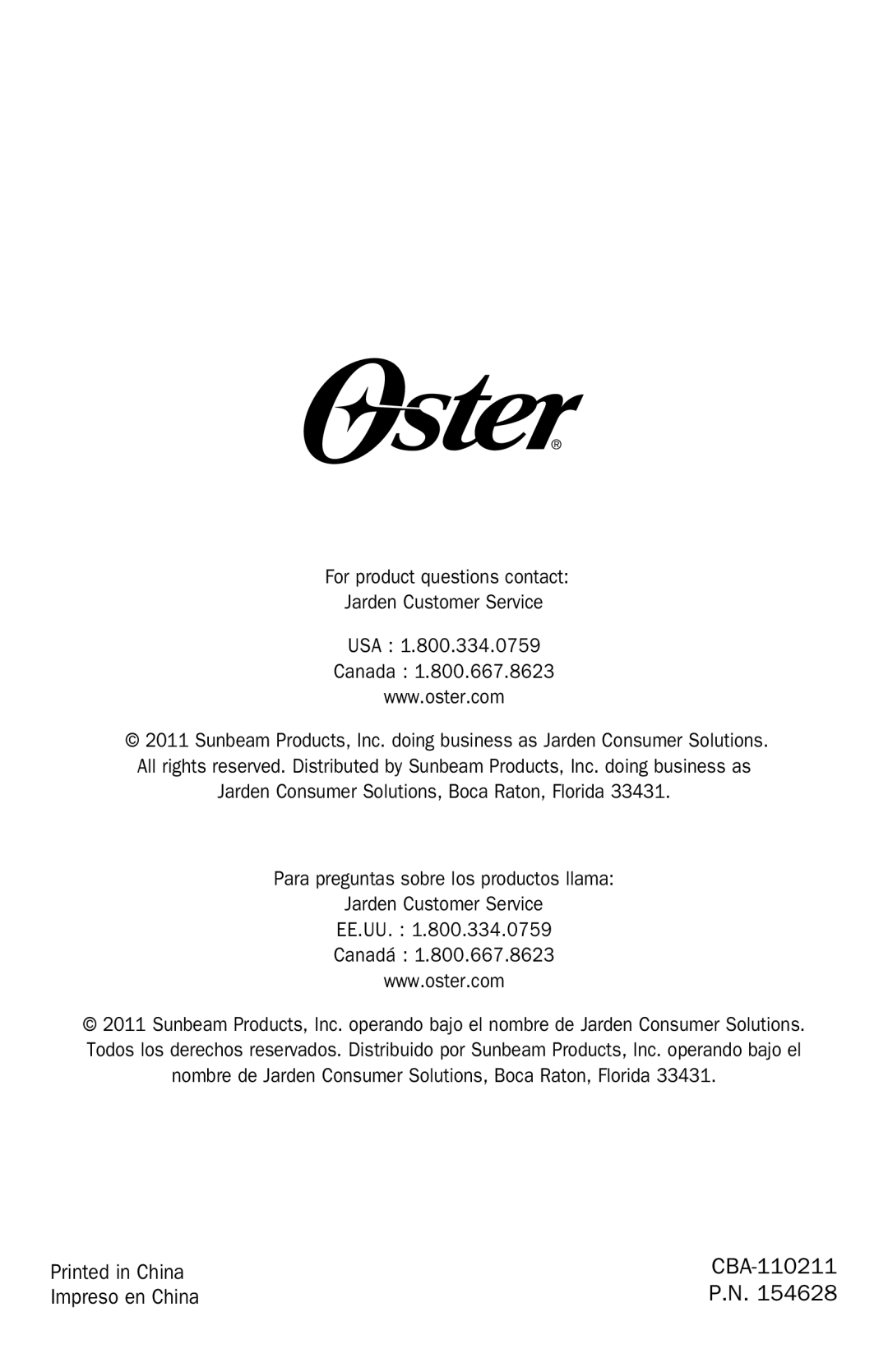 Oster TSSTTRDFL1 user manual CBA-110211 