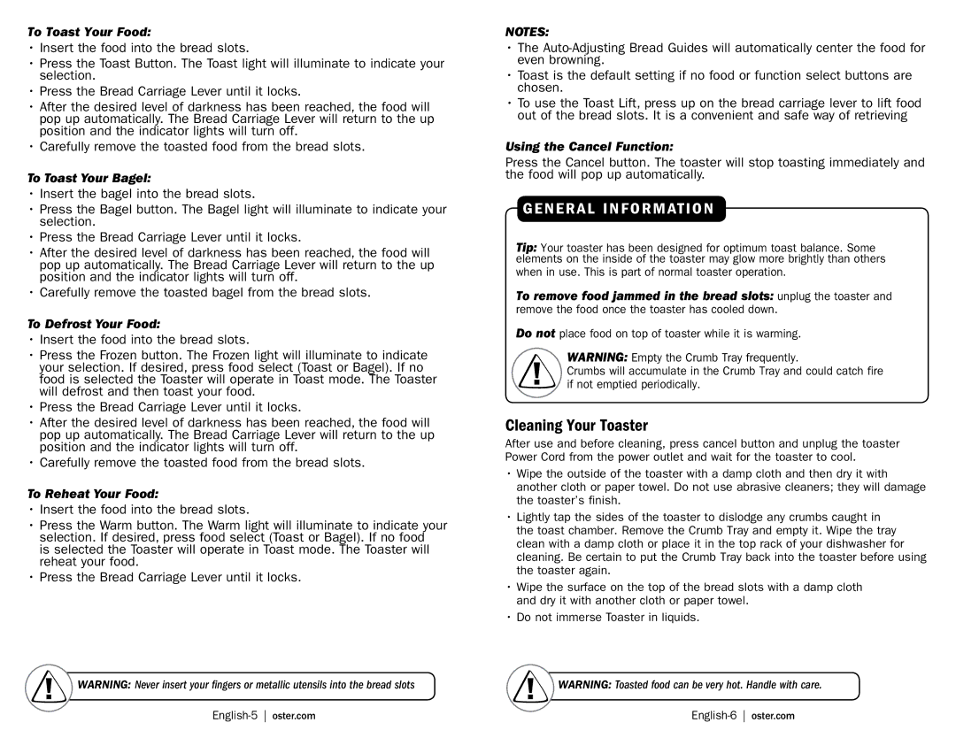 Oster TSSTTRDFL1 user manual Cleaning Your Toaster 