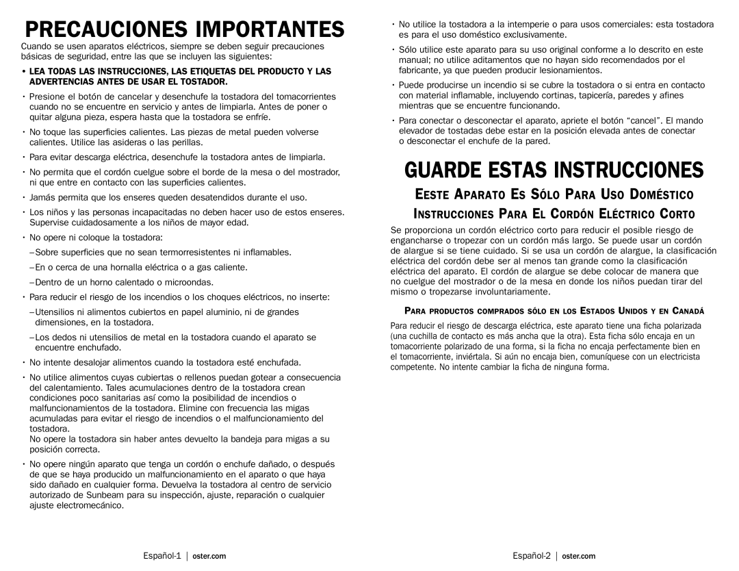 Oster TSSTTRDFL1 user manual Precauciones Importantes 