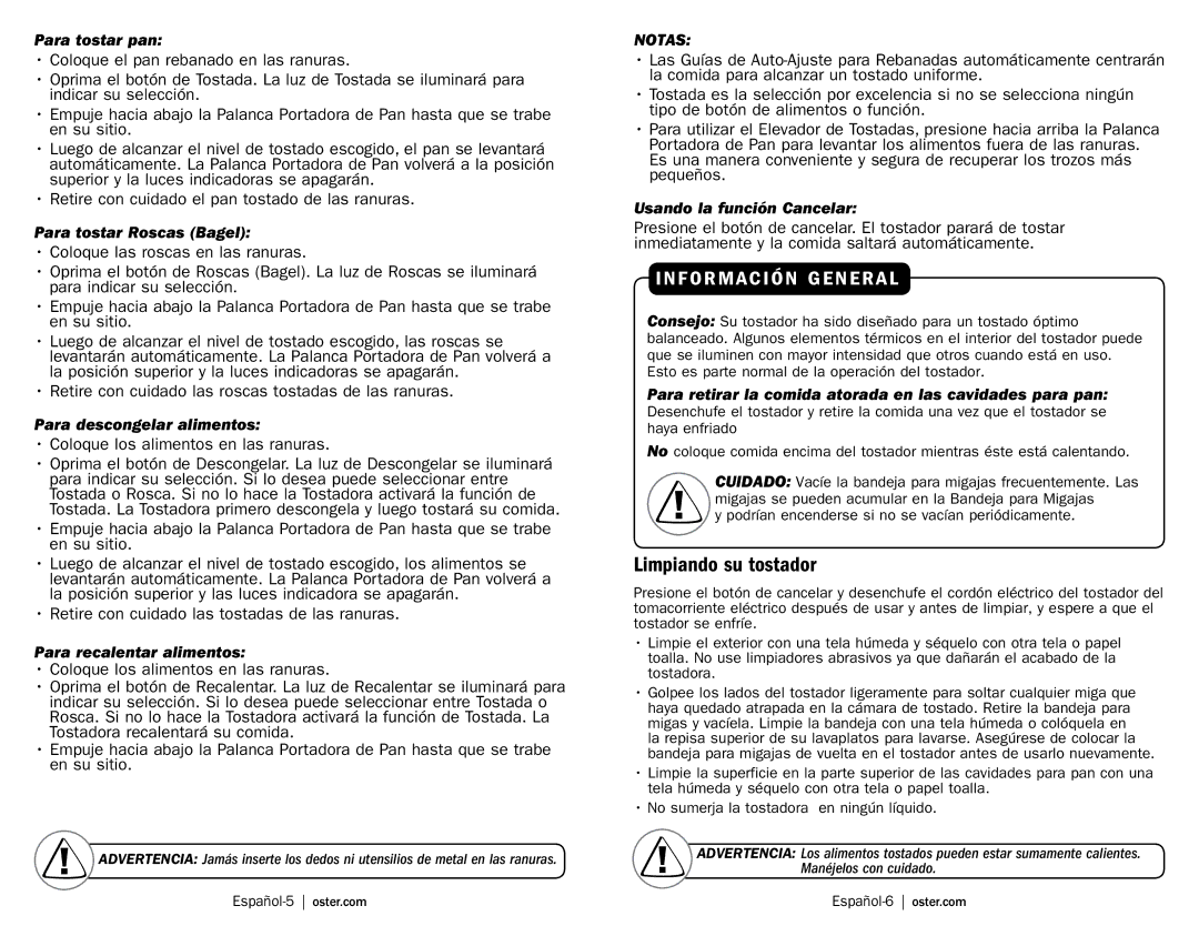 Oster TSSTTRDFL1 user manual Limpiando su tostador 