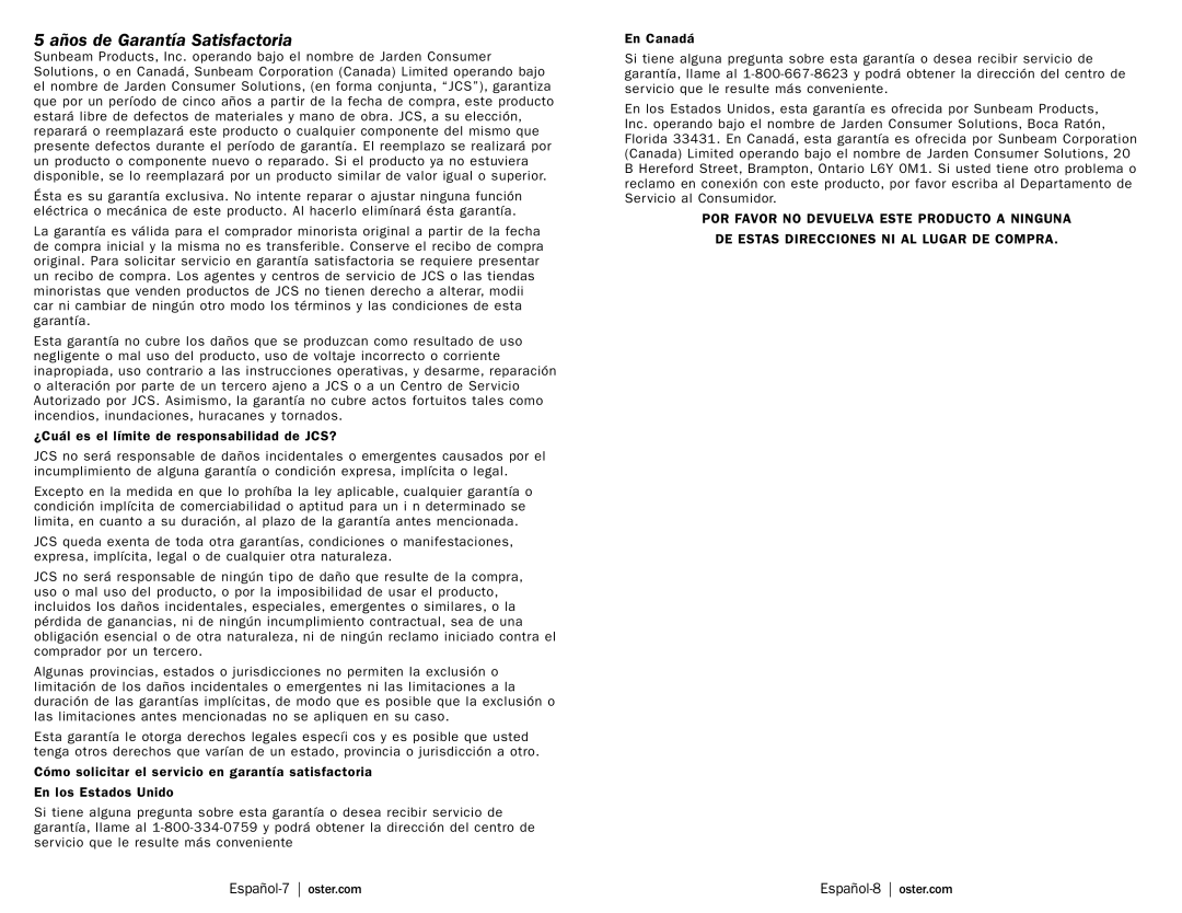 Oster TSSTTRDFL1 user manual Años de Garantía Satisfactoria 