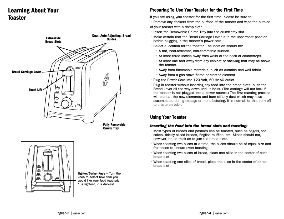 Oster TSSTTRDFL1 Preparing To Use Your Toaster for the First Time, Using Your Toaster, Learning About Your Toaster 