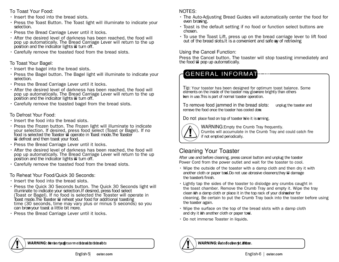 Oster TSSTTRDFL2 user manual Cleaning Your Toaster 