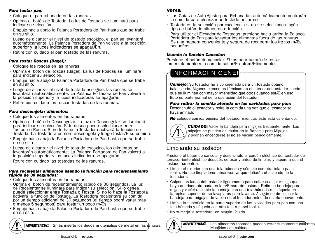 Oster TSSTTRDFL2 user manual Limpiando su tostador 