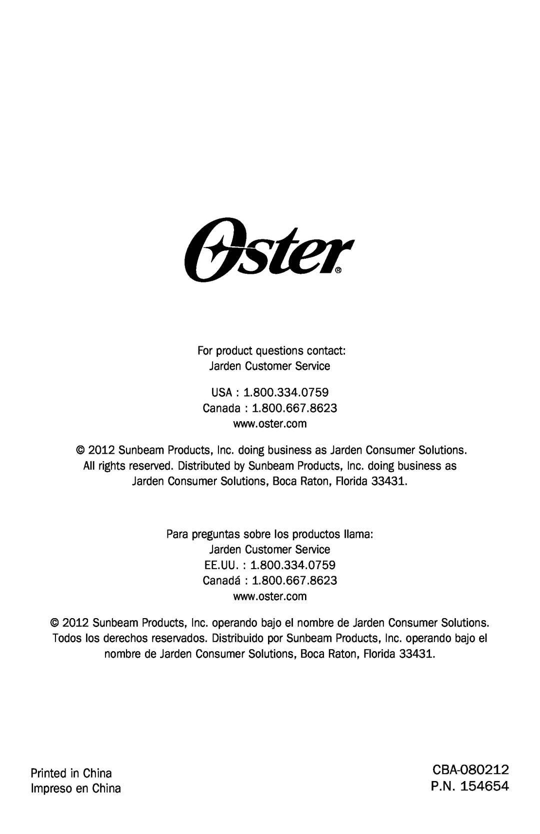 Oster TSSTTRDFL2 user manual Printed in China, CBA-080212, Impreso en China 