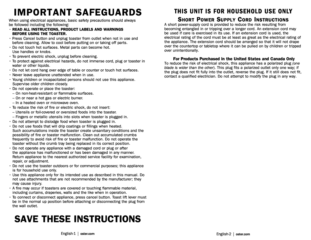 Oster TSSTTRDFL2 user manual Important Safeguards, Save These Instructions, Short Power Supply Cord Instructions 