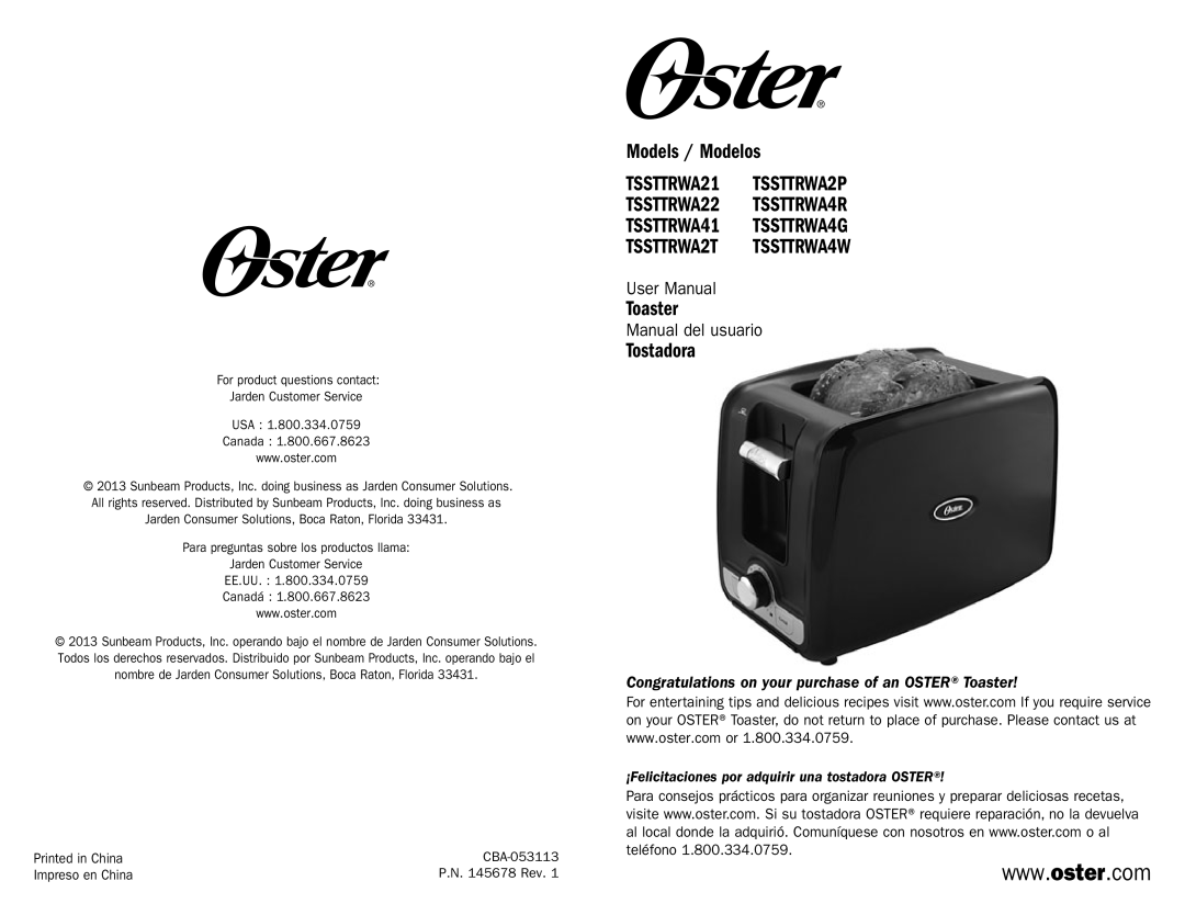 Oster TSSTTRWA41, TSSTTRWA4W, TSSTTRWA2P, TSSTTRWA21, TSSTTRWA22, TSSTTRWA4G user manual Models / Modelos, Toaster, Tostadora 