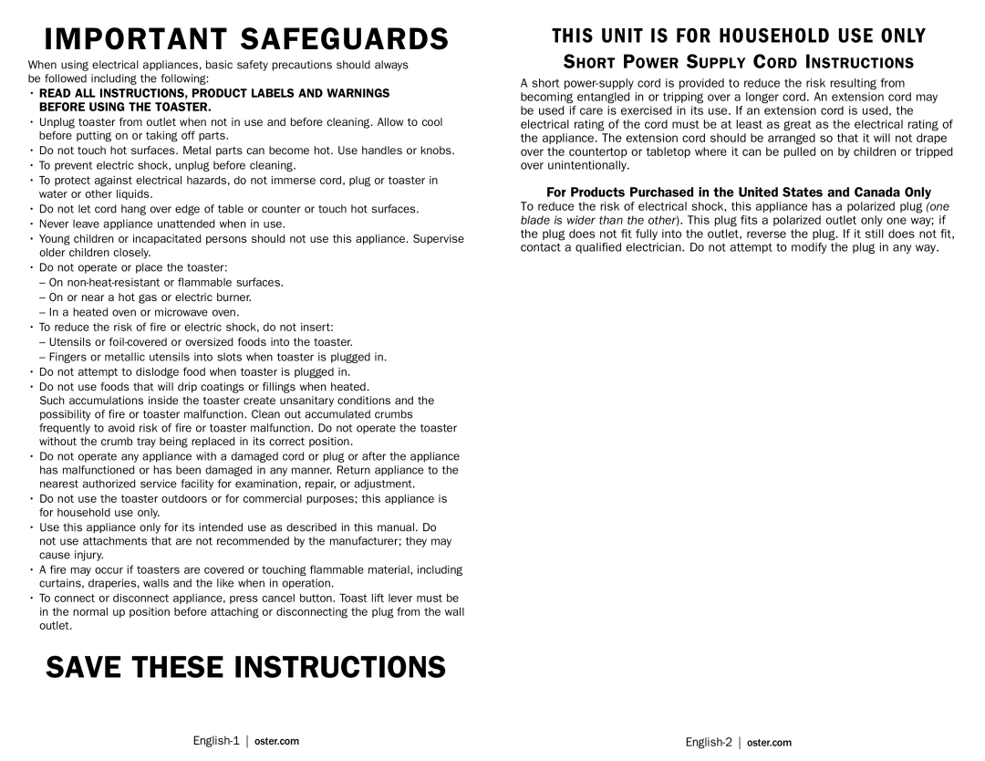 Oster TSSTTRWA2P, TSSTTRWA4W, TSSTTRWA41, TSSTTRWA21, TSSTTRWA22, TSSTTRWA4G, TSSTTRWA2T, TSSTTRWA4R Important Safeguards 