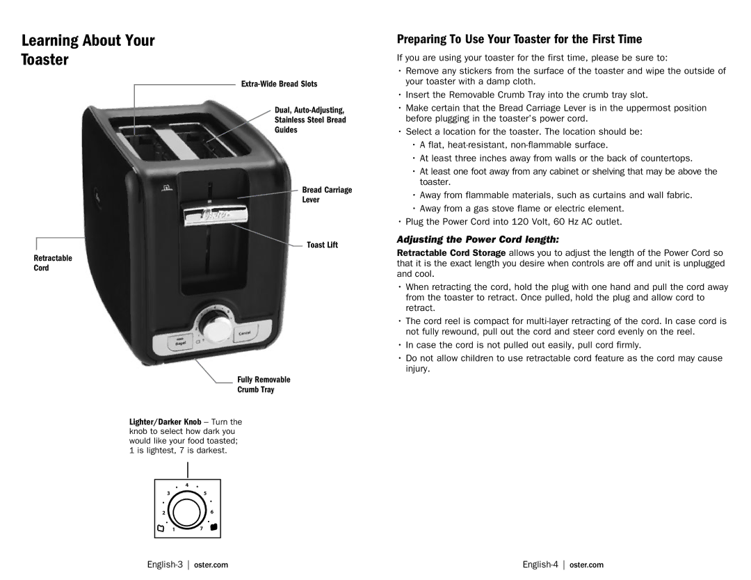 Oster TSSTTRWA21, TSSTTRWA4W, TSSTTRWA41 Preparing To Use Your Toaster for the First Time, Adjusting the Power Cord length 