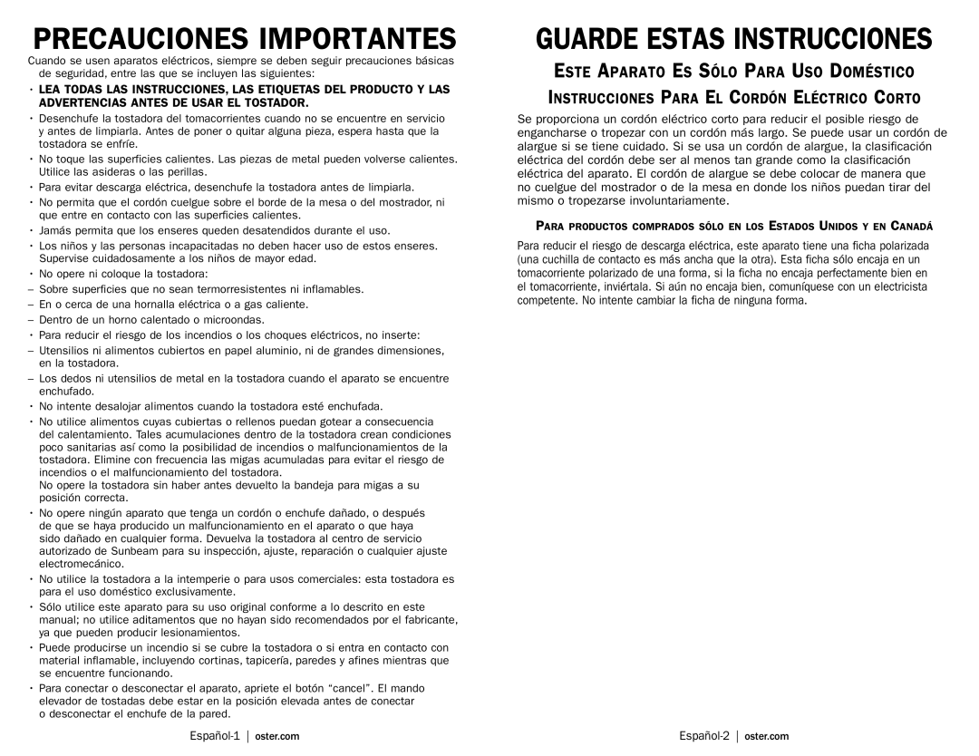 Oster TSSTTRWA2T, TSSTTRWA4W, TSSTTRWA41, TSSTTRWA2P, TSSTTRWA21, TSSTTRWA22, TSSTTRWA4G, TSSTTRWA4R Precauciones Importantes 