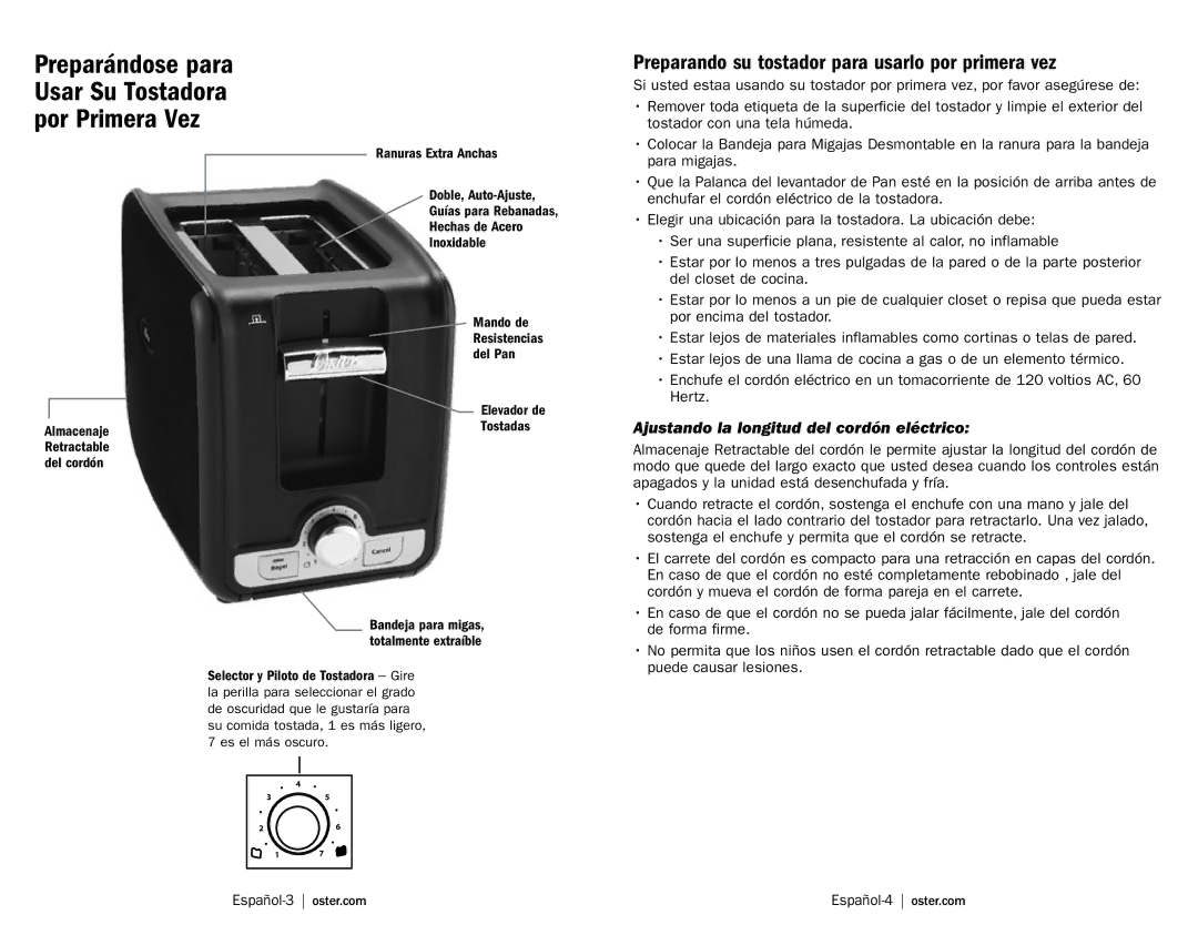 Oster TSSTTRWA4R, Toaster Preparando su tostador para usarlo por primera vez, Ajustando la longitud del cordón eléctrico 