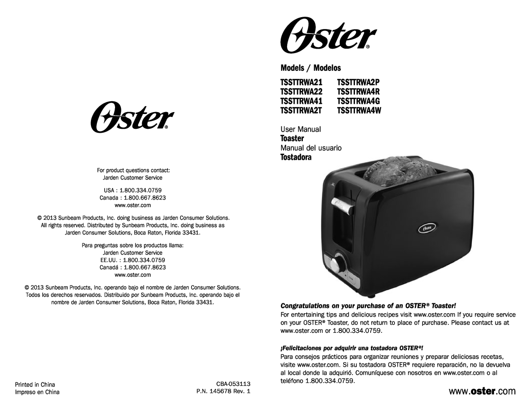 Oster TSSTTRWA41 user manual Models / Modelos TSSTTRWA21 TSSTTRWA2P TSSTTRWA22 TSSTTRWA4R, Toaster, Tostadora, User Manual 