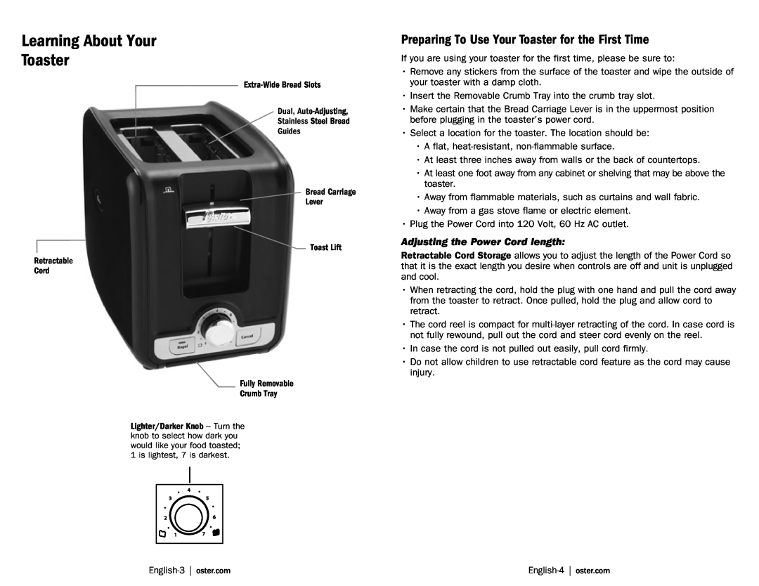Oster TSSTTRWA21, TSSTTRWA4W, TSSTTRWA41 Preparing To Use Your Toaster for the First Time, Adjusting the Power Cord length 