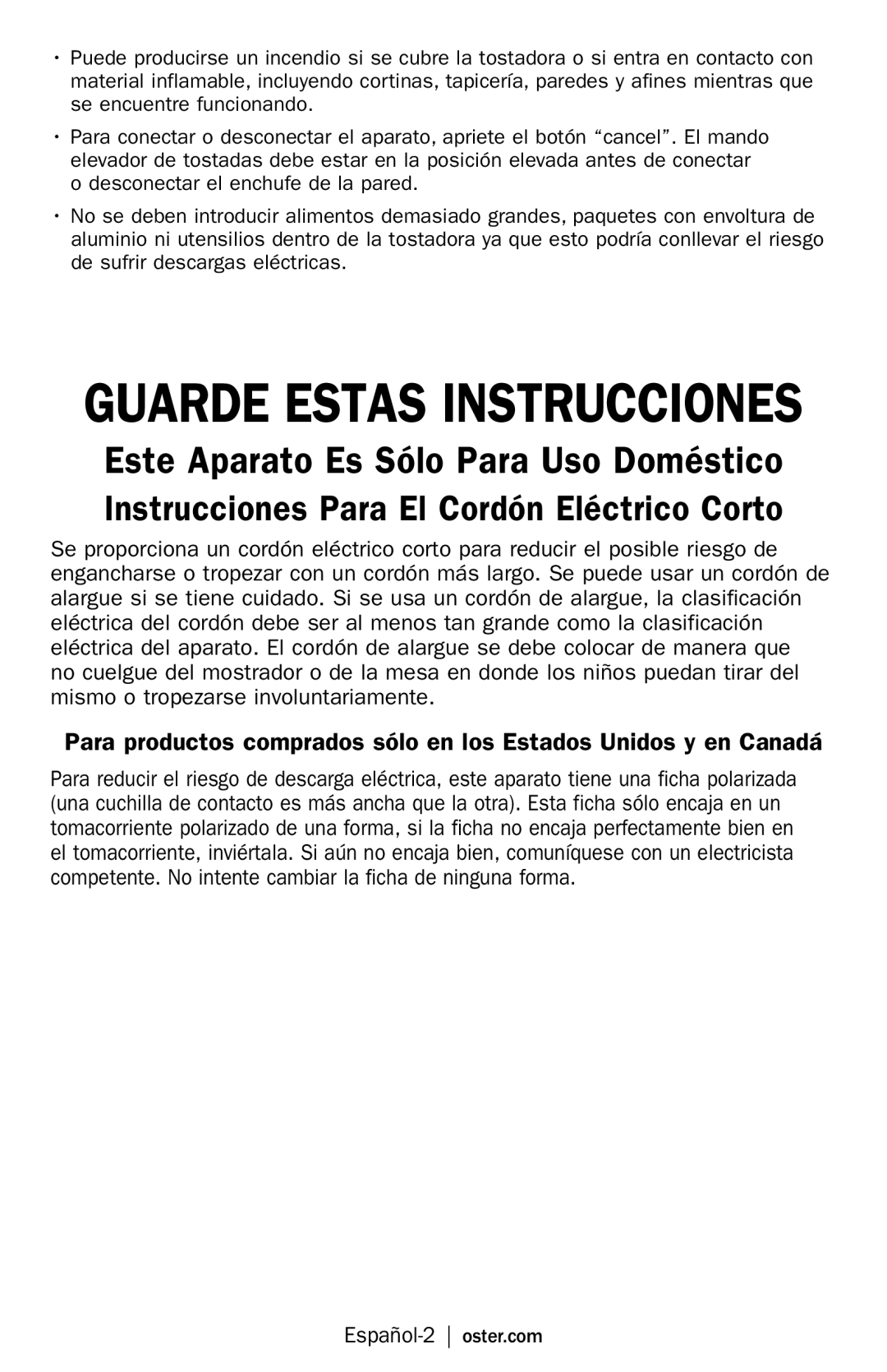 Oster TSSTTRWF2S user manual Guarde Estas Instrucciones, Español-2 oster.com 