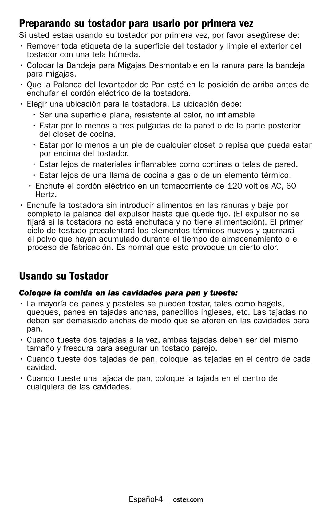 Oster TSSTTRWF2S Preparando su tostador para usarlo por primera vez, Coloque la comida en las cavidades para pan y tueste 