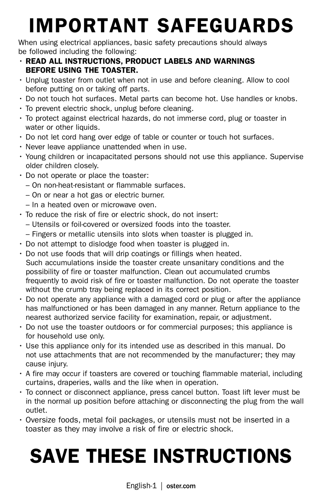 Oster TSSTTRWF2S user manual Important Safeguards 