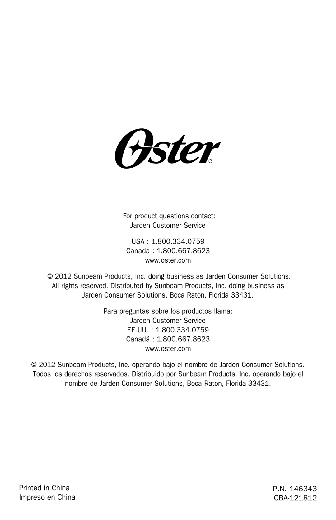 Oster TSSTTRWF2S user manual Impreso en China 