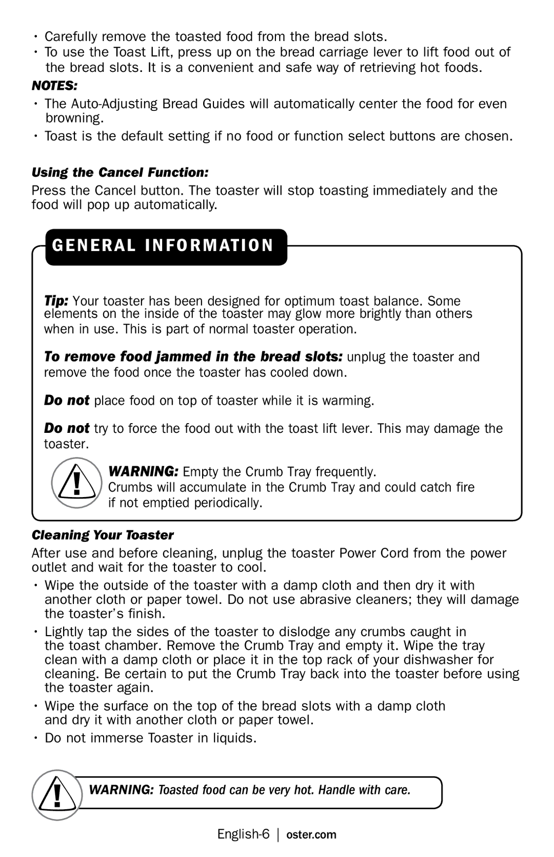 Oster TSSTTRWF2S user manual Using the Cancel Function, Cleaning Your Toaster 