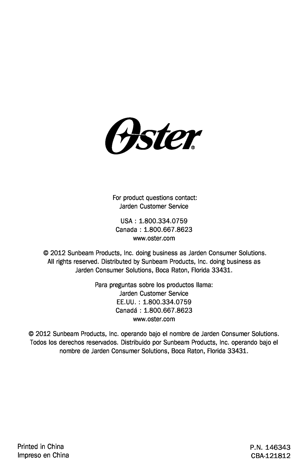 Oster TSSTTRWF2S user manual Impreso en China, For product questions contact, Jarden Customer Service USA Canada, P.N 