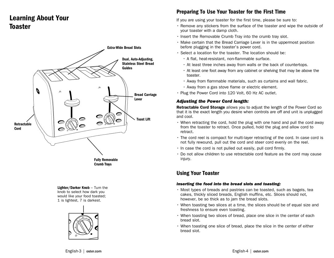 Oster TSSTTRWF4S Preparing To Use Your Toaster for the First Time, Using Your Toaster, Adjusting the Power Cord length 