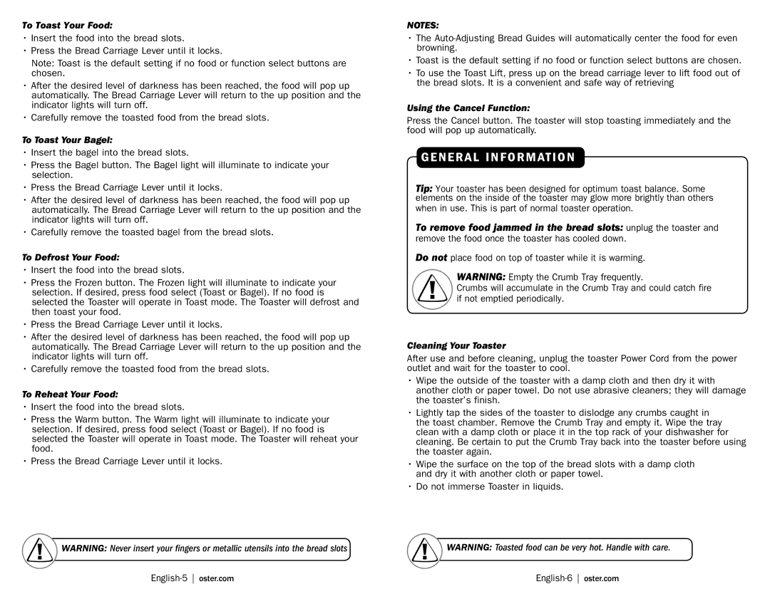 Oster TSSTTRWF4S user manual To remove food jammed in the bread slots unplug the toaster 