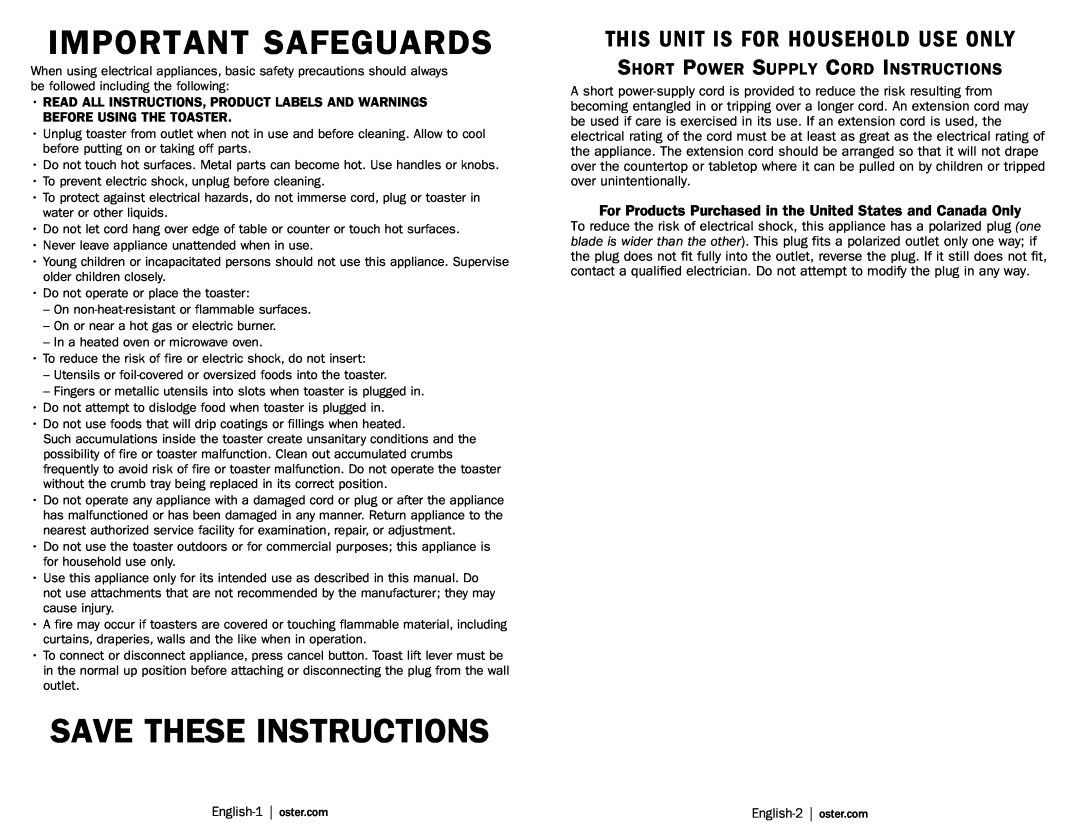 Oster TSSTTRWF4S user manual Important Safeguards, Save These Instructions, Short Power Supply Cord Instructions 
