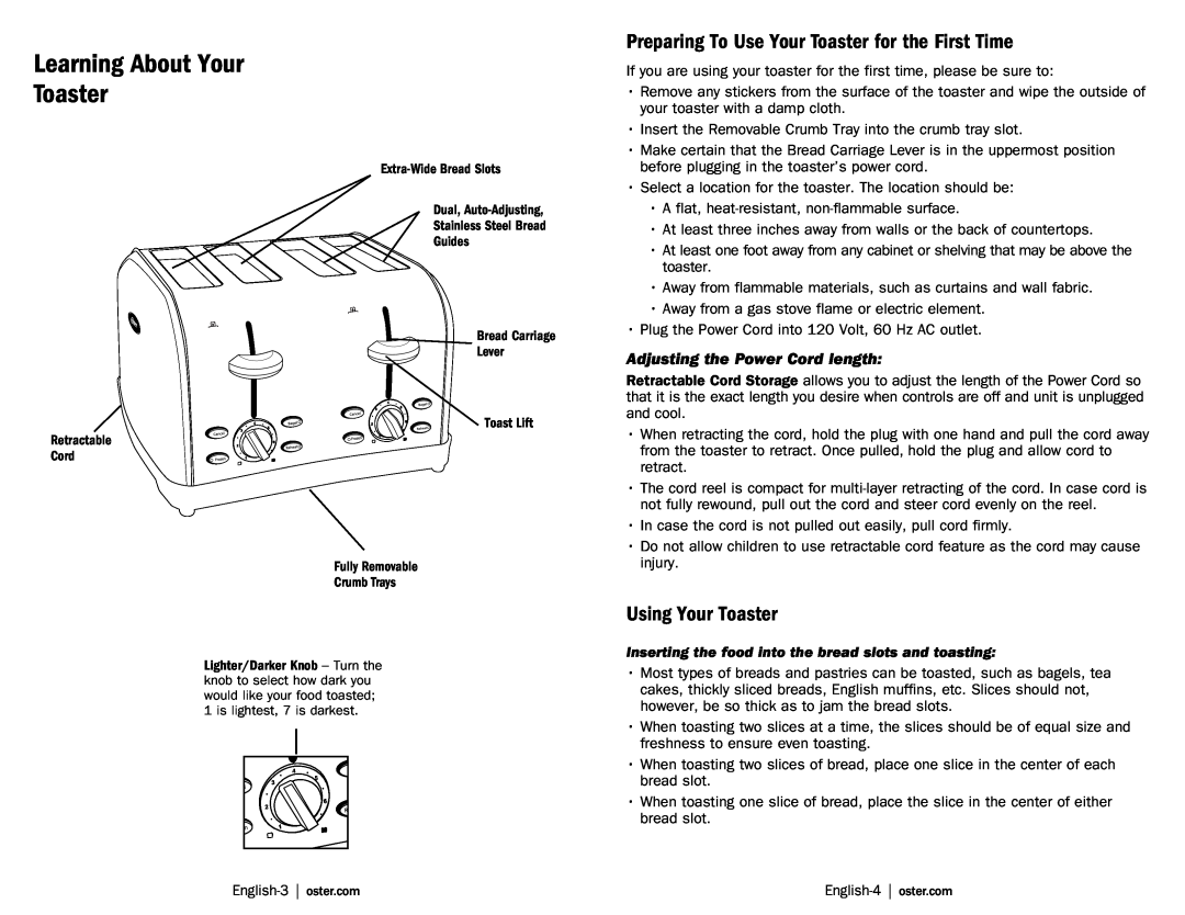 Oster TSSTTRWF4S Preparing To Use Your Toaster for the First Time, Using Your Toaster, Adjusting the Power Cord length 