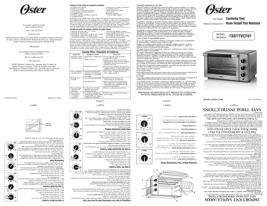 Oster SPR-062309, 133187 user manual Instructions These Save, Safeguards Important, MODEL/MODELO TSSTTVCF01 