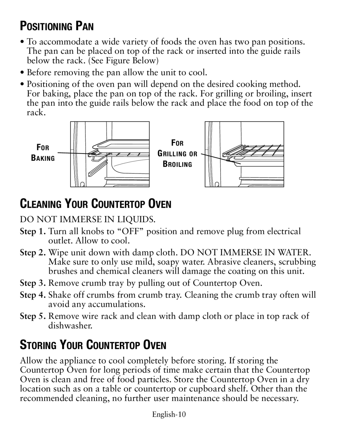 Oster TSSTTVCG01 user manual Positioning Pan, Cleaning Your Countertop Oven, Storing Your Countertop Oven 