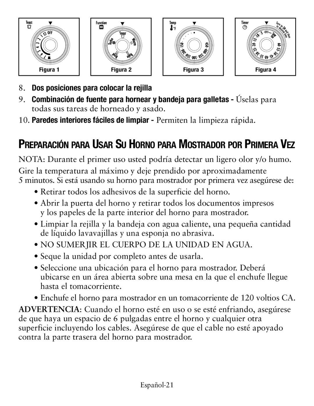 Oster TSSTTVCG01 Retirar todos los adhesivos de la superficie del horno, No Sumerjir EL Cuerpo DE LA Unidad EN Agua 