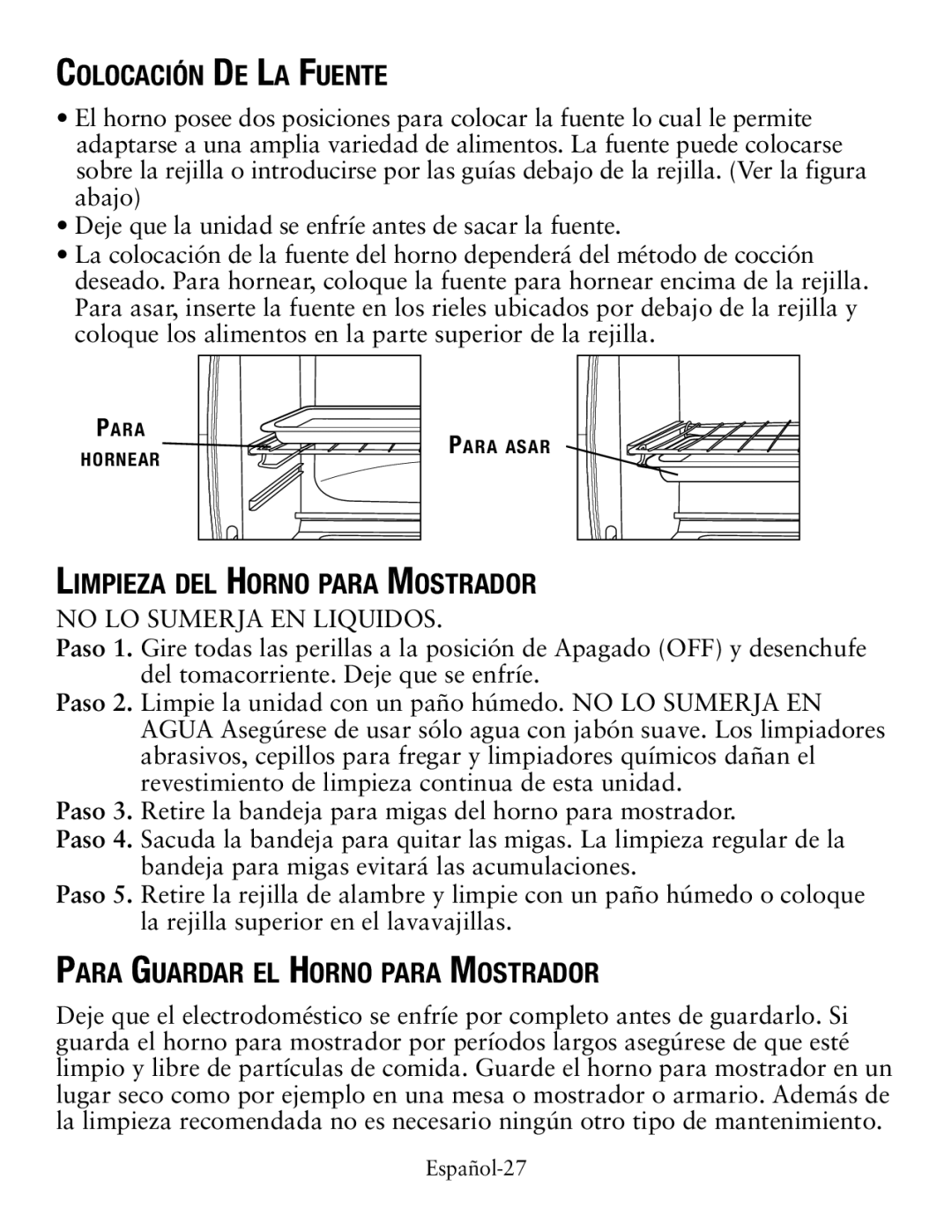 Oster TSSTTVCG01 Colocación De La Fuente, Limpieza del Horno para Mostrador, Para Guardar el Horno para Mostrador 